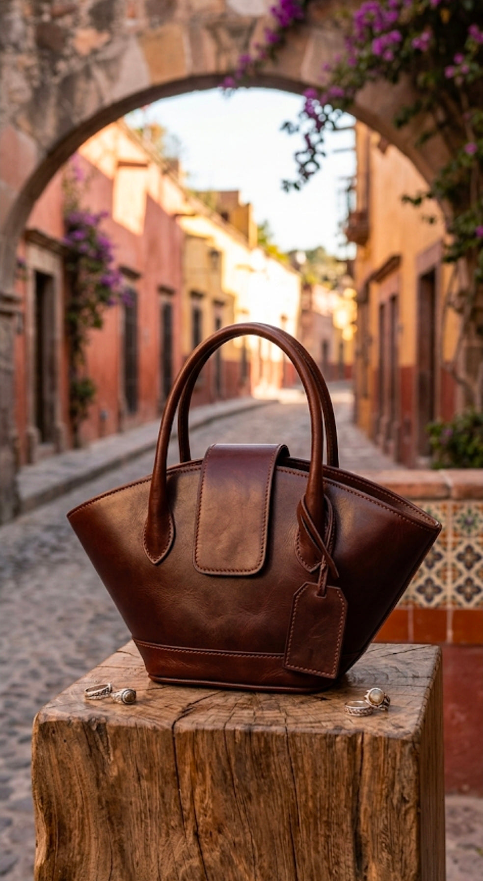 Burnt brown leather flare tote bag on rustic wooden surface in Mexican alley