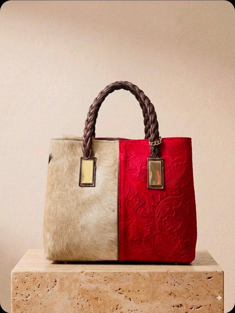Rich red hand-tooled suede and hide handbag with braided handles, gold trim and shoulder strap, handmade in México