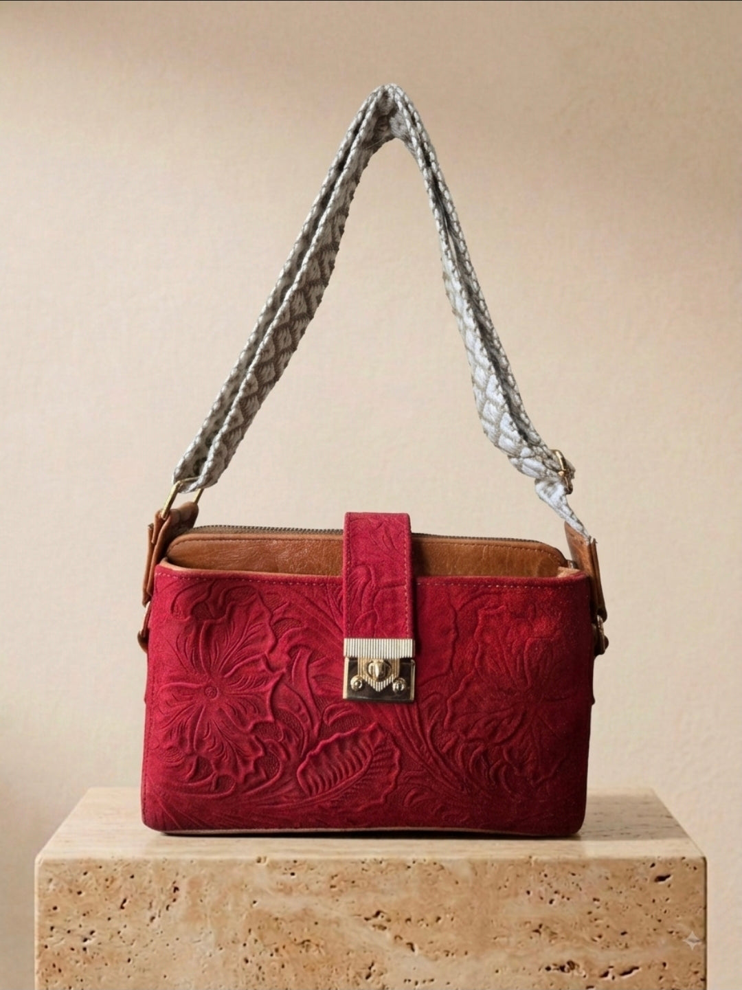 Red Hand-Tooled Leather Handbag
