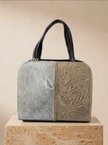 Light brown and hair-on-hide hand-tooled leather handbag with shoulder strap, handmade in México