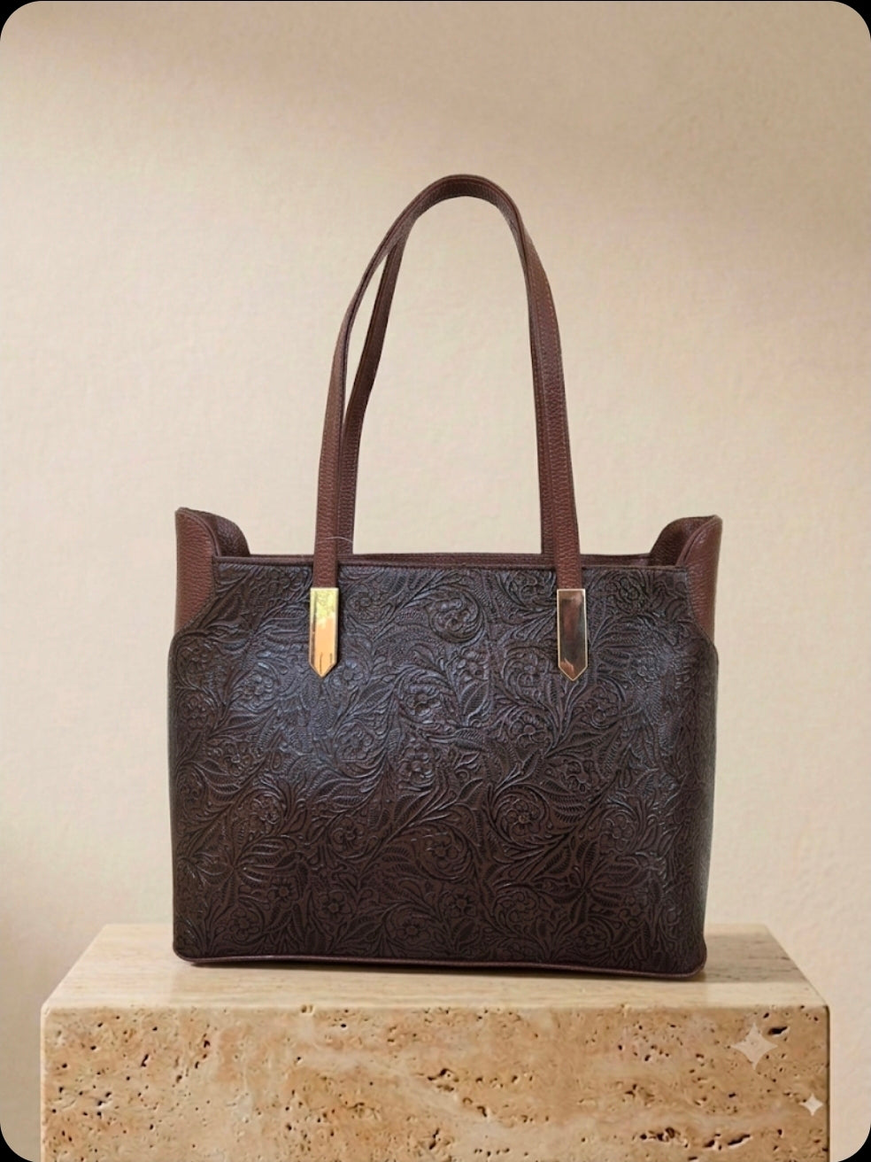 Two-tone chocolate brown hand-tooled leather tote bag with gold hardware, handmade in México