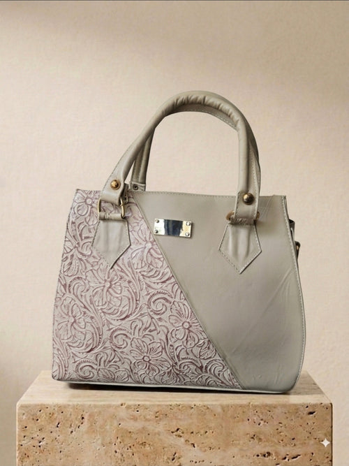 Beige and burnt red two-tone hand-tooled leather handbag with shoulder strap, handmade in México