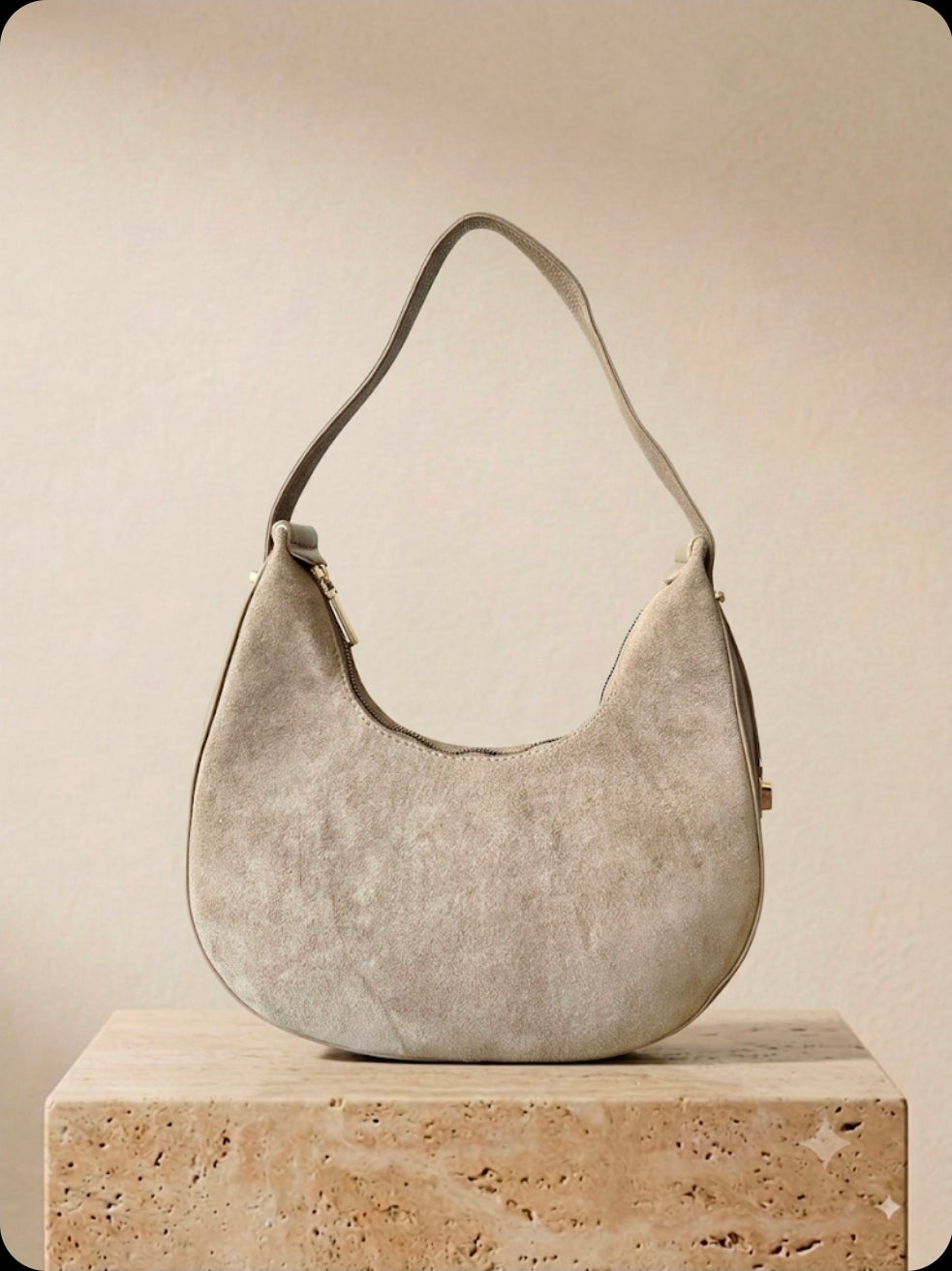 Tan suede half moon purse with adjustable strap, handmade in México